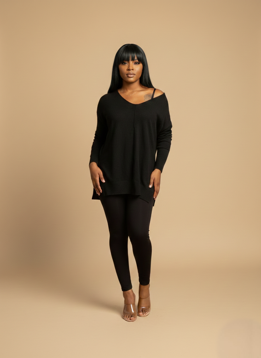 Hi-Low V-neck Sweater (Black)