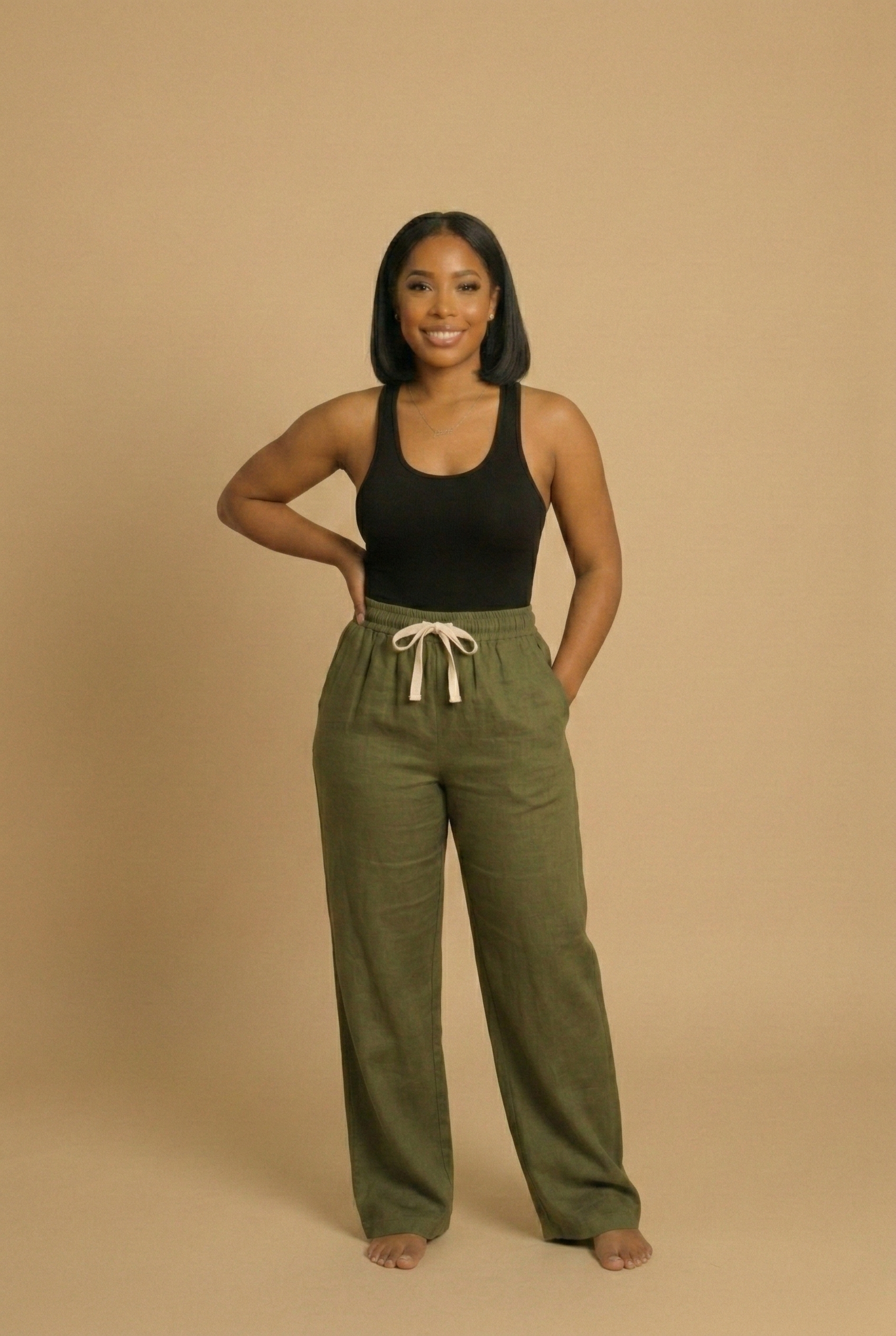 Linen Drawstring Pants (Olive)