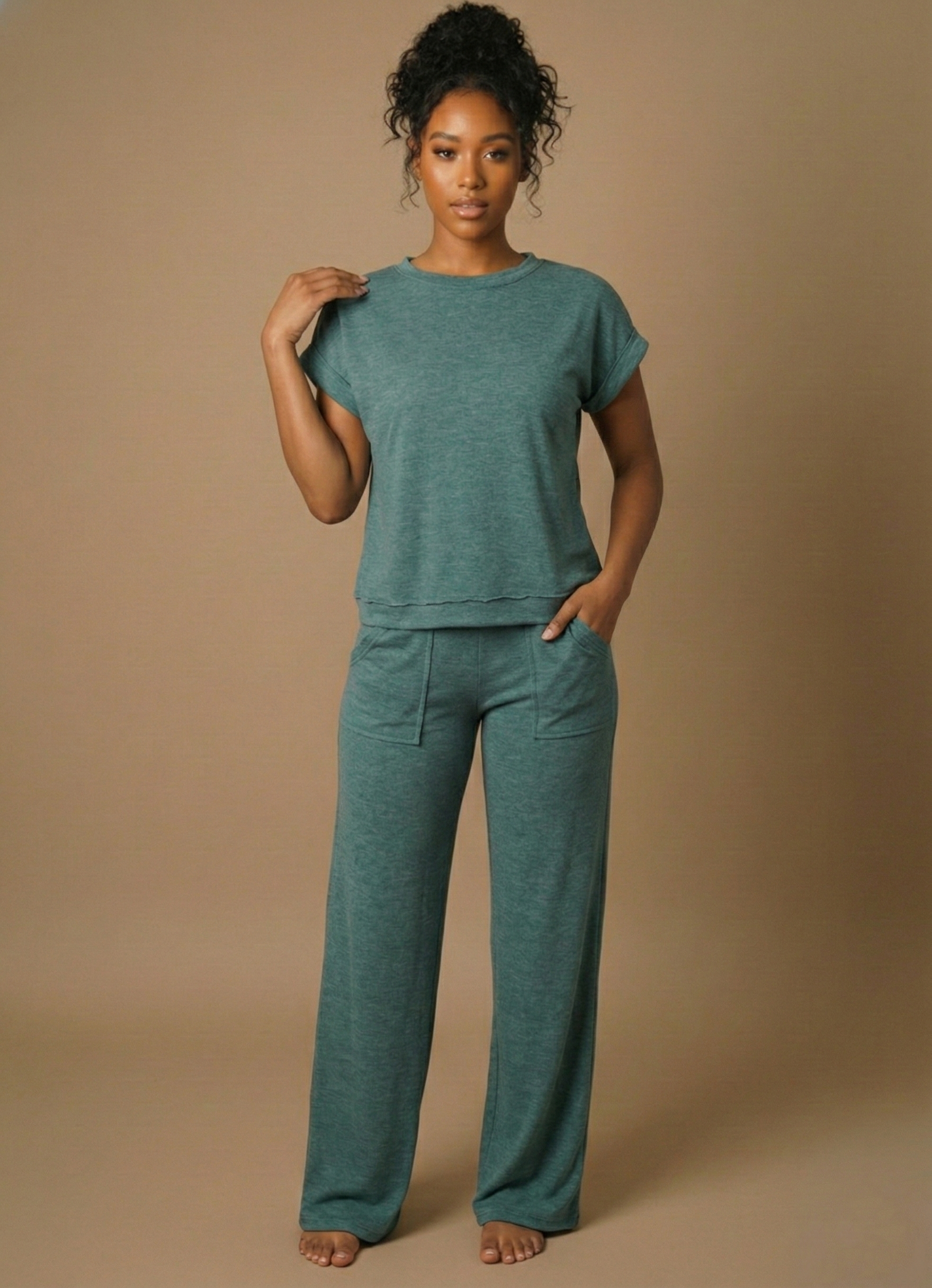 Slub Sleeve Tee Set (Ash Jade)