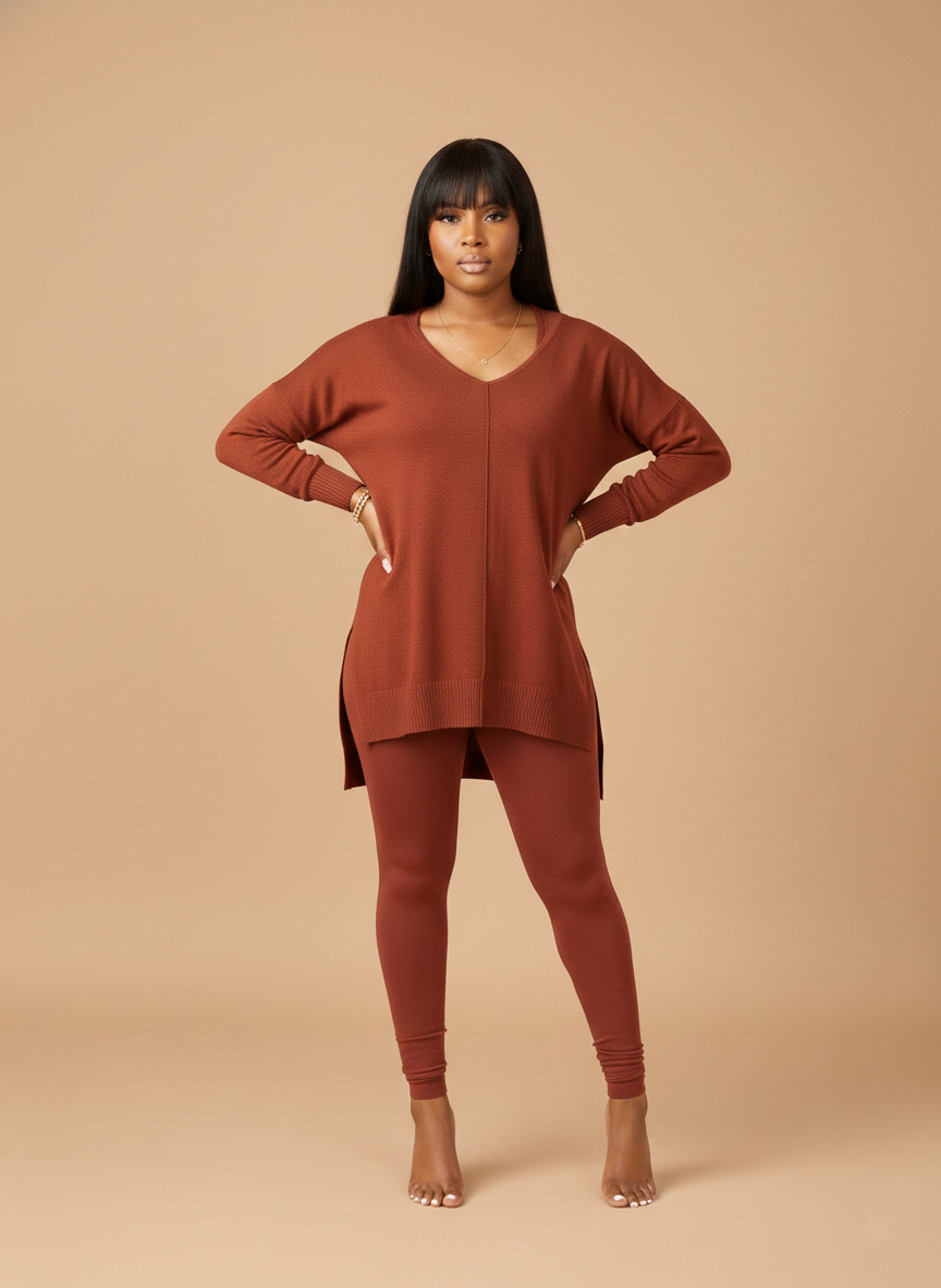 Hi-Low V-neck Sweater (Dark Rust)