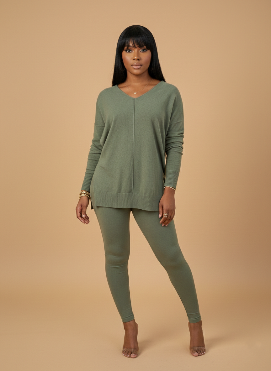 Hi-Low V-neck Sweater (Lt. Olive)